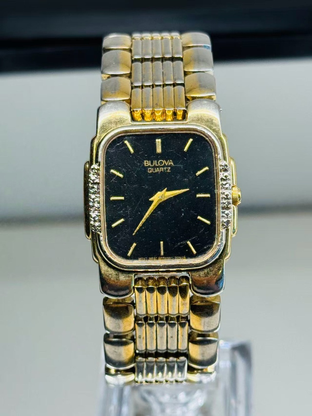 Vintage Bulova Quartz Watch 26mm Black Dial Two-Tone Bracelet New Battery Runs